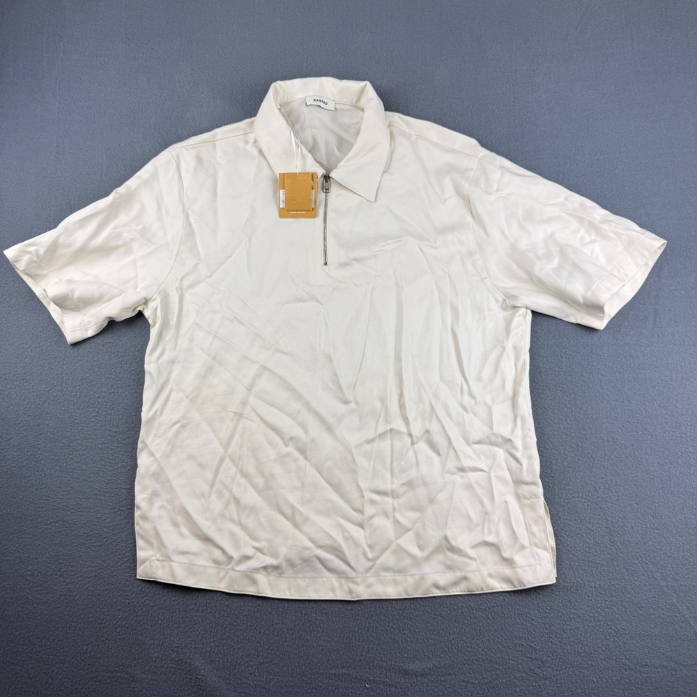 Sandro Polo Shirt Women's L Cream Chemise Ecru Short Sleeve 1/4 Zip Paris NEW